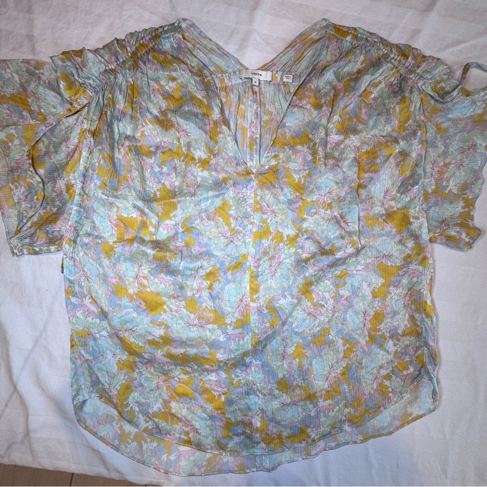 Vince Lotus Ruched Flutter Sleeve Silk Blouse, Size Medium - Picture 7 of 16